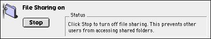 Cropped image of the File Sharing control panel showing the button that turns file sharing on and off. File Sharing is on...