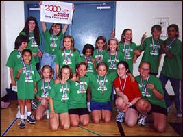 Kim holding the Olympic Championship banner in triumph, with the rest of the gorls' team